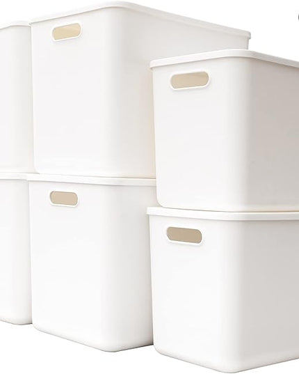 Plastic Storage Baskets Bins Boxes With Lids,Organizing Container White Storage Organizer Bins For Shelves Drawers Desktop Playroom Classroom Office,6-Pack(4XL+2L)