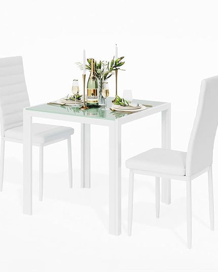Gizoon 3 Piece Glass Dining Table Set, Kitchen and Chairs for 2, PU Leather Modern Room Sets for Home, Kitchen, Living Room