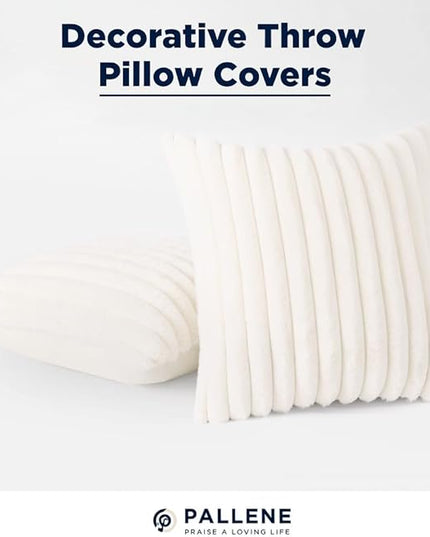 Pallene Faux Fur Plush Throw Pillow Covers 18x18 Set of 2, Luxury Soft Fluffy Striped Decorative Pillow Covers for Sofa, Couch, Living Room, Cream White