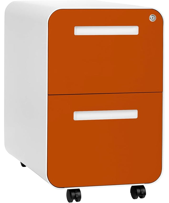Laura Davidson Furniture Stockpile 2 Drawer Mobile File Cabinet with Lock - Under Desk Metal Filing Cabinet, Legal/Letter File Folders, Wheels and Stationary Feet, Pre-Assembled, White/Orange