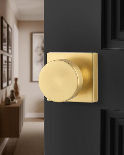 Gold Door Knobs Interior, Heavy Duty Passage Door Knob, Brushed Gold Closet Door Knob for Hall, Zinc Alloy Square DoorKnob (1 Pack)