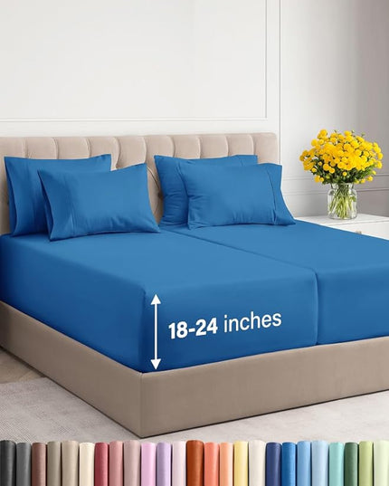 Extra Deep Split King Sheet Set - 7 Piece Breathable & Cooling Sheets - Hotel Luxury Bed Sheets Set - Easy Fit - Soft, Wrinkle Free & Comfy Sheets Set - Royal Blue Sheet Set with Extra Deep Pockets