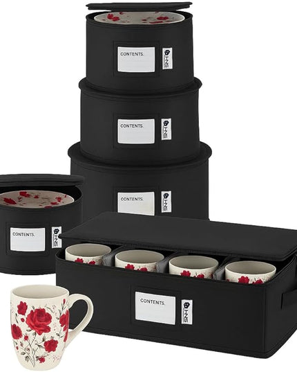 Hard Shell China Storage Containers 5-Piece Set Moving Boxes for Dinnerware, Glasses, Plates, Mugs and Saucers Sturdy Dish Organizer with Dividers for Seasonal Storage - Service for 12 - Black Quilted