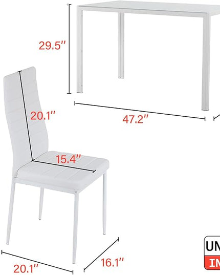 FDW | 5-Piece Dining Table Set | White | Glass Kitchen Table with 4 Upholstered Chairs and Faux Leather Cushions | Space-Saving and Modern Design | for Dining Room, Easy to Assemble