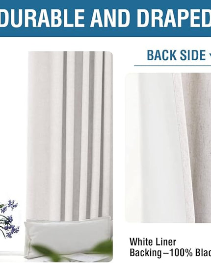 H.VERSAILTEX 100% Blackout Curtains for Bedroom 96 Inches Long Grommet Linen Face Full Light Blocking Curtain Drapes for Living Room Thermal Insulated Linen Look Curtains 2 Panels Set, Ivory