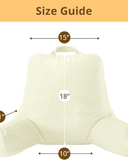 Sasttie Reading Pillow, Velvet Back Pillow for Bed Sitting Up, Adult Back-Rest Support Cushion with Arms for Sit Up on Couch, Sofa, and Floor, Dorm Essentials, Reading Accessories, Cream