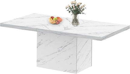 HSH White Faux Marble Dining Table, 63 inch Modern Dinner Table for 6 people, Farmhouse Rectangle Kitchen Table for Living Room, Large Wood Dining Room Tables with strong Pedestal, White Marble, 63 In