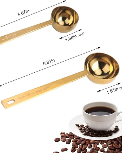 Coffee Scoop, Gold Stainless Steel Coffee Spoons Set, 1 tablespoon (15ml) and 1 tablespoons (30ml) Spoon, Gold Tablespoon Measure Spoon for Coffee, Milk Powder, Fruit Powder, 2 Pack (Long, Gold)