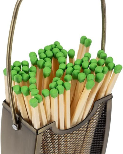 Match Stick Holder in Aged Brass | Decorative Mesh Metal Storage Bucket, Caddy, Basket for Long Matchsticks | Home Décor for Fireplace, Wood-Burning Stove, or BBQ Grill | Matches Not Included
