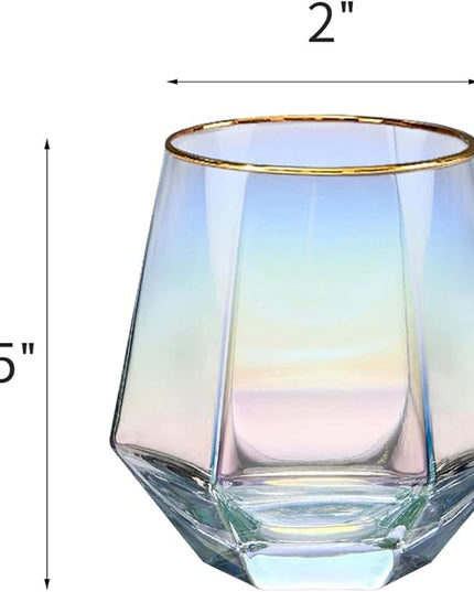 XKXKKE Diamond Wine Glasses Set of 4, 10 OZ Modern Stemless Gold Rim Glass Cups Iridescent Drinking Glassware for Serving Party, Home, Bar, Restaurants, Gift, Rainbow Tumbler, Colorful 4 Pack