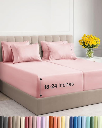 Extra Deep Split King Sheet Set - 7 Piece Breathable and Cooling Sheets - Hotel Luxury Bed Sheets Set - Easy Fit - Soft, Wrinkle Free and Comfy Sheets Set - Baby Pink Sheet Set with Extra Deep Pockets