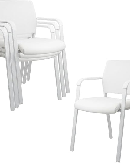 CLATINA Stacking Office Chairs | Mesh Back, Thicken Leather Seat and Arms, Ergonomic Lumbar Support | Guest Reception, Waiting, Conference, School, Party, Customer, Side, Stationary | Set of 4, White