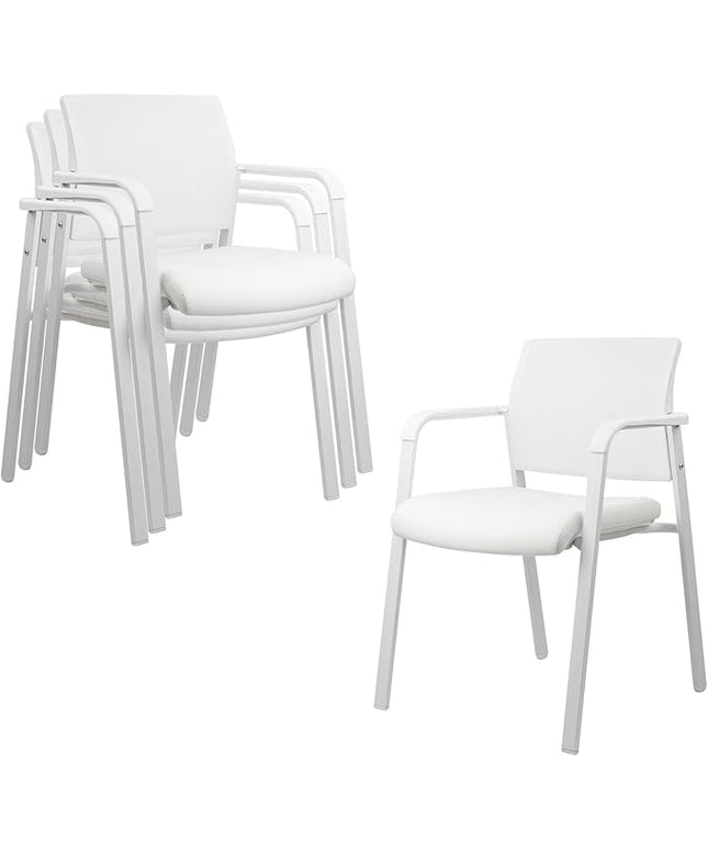CLATINA Stacking Office Chairs | Mesh Back, Thicken Leather Seat and Arms, Ergonomic Lumbar Support | Guest Reception, Waiting, Conference, School, Party, Customer, Side, Stationary | Set of 4, White