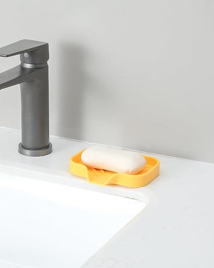 Silicone Bathroom Soap Dishes with Drain Spout-Bathroom and Kitchen Sink Organizer,Sponge Holder,Dish Soap Tray,Perfect for Dispenser,Scrubber,Bottle,Cup on Sink or Counter-Yellow 4.9"×3.2"