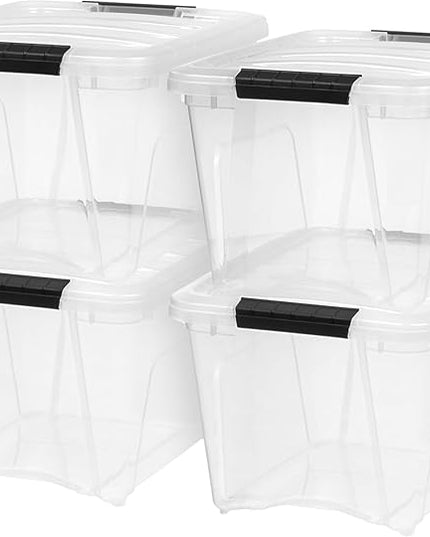 IRIS USA 19 QT Plastic Storage Box with Lid and Latches - 4 Pack - BPA-Free, See-Through Organizing Solution, Durable Nestable Stackable Containers, Secure Pull Handle - Clear