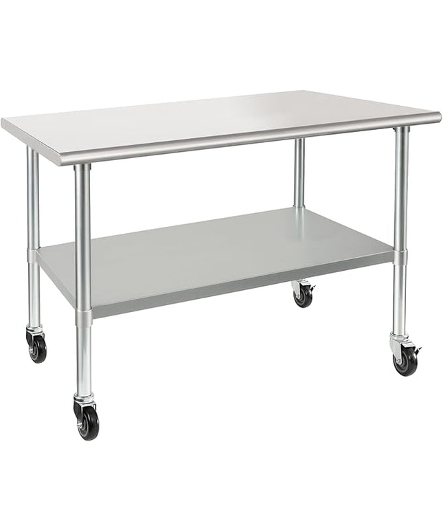 HARDURA Stainless Steel Table with Wheels 30 x 48 Inches Casters NSF Heavy Duty Commercial Work & Prep Table with Undershelf and Galvanized Legs for Restaurant Kitchen Bar and Hotel Garage