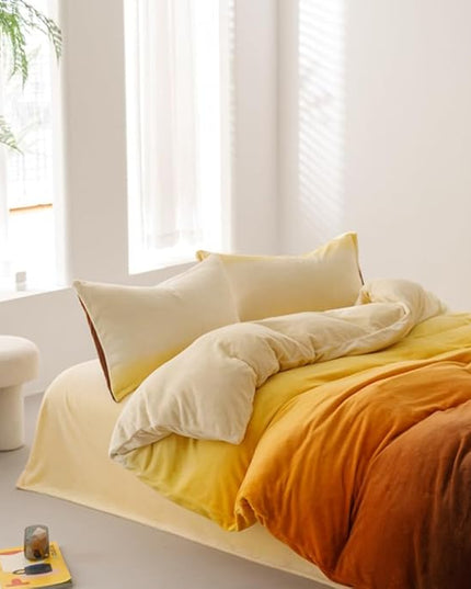 CLOTHKNOW Dark Orange Fluffy Queen Comforter Set Velvet Bedding Comforter Sets Dark Yellow Queen Comforter Soft Caramel Comforter Sets Queen