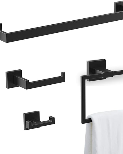 BOZWELL 4 Pieces Matte Black Bathroom Hardware Accessories Set Square Towel Racks for Bathroom 23.6 inch Stainless Steel Towel Bar Set Wall Mounted