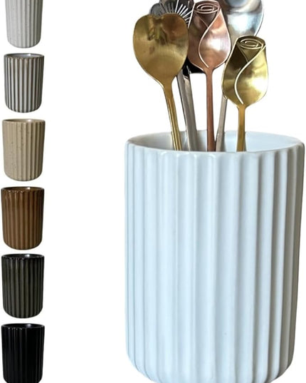 Stoneware Coffee Bar Utensil Holder Tea & Coffee Spoon & Stirrer Holder for Stir Stick Straw Teaspoon Holder Spoon Cup Small Utensil Jar Fluted Vertical Stripe (Pure White)