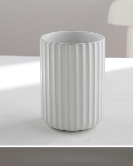 Stoneware Coffee Bar Utensil Holder Tea & Coffee Spoon & Stirrer Holder for Stir Stick Straw Teaspoon Holder Spoon Cup Small Utensil Jar Fluted Vertical Stripe (Pure White)
