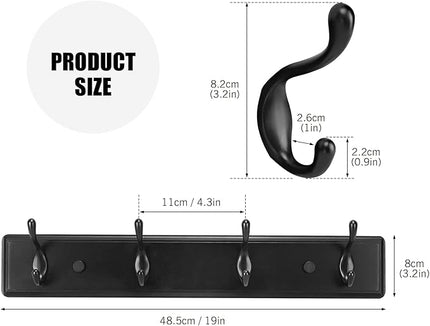 Wooden Coat Rack, Wall-Mounted Organizer for Closet, Entryway, Hallway, Foyer, Bedroom, Heavy Duty Double Hooks for Hanging Towels, Bags, Hats, Jackets, Key (Black, 4 Hooks)