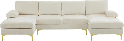 VINGLI 110" Large U-Shape Sectional Sofa Couch with 51" D Double Chaise for Living Room, Modern Sectional Couch Set with Soft 5.9" Thickness Seating Padding, Chenille Fabric,Metal Gold Legs(Beige)