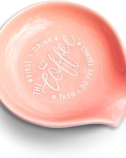 Funny Coffee Quote First I Drink The Coffee Then I Do The Things Ceramic Spoon Holder- Orange Pink Coffee Spoon Rest -Cafe Station Bar Accessories