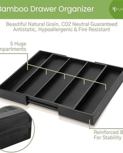 Purawood Kitchen Drawer Organizer - Expandable Utensil Organizer for Kitchen, Cutlery Tray & Silverware Organizer, 3-5 Slots - Bamboo Drawer Organizer for Utensils & Flatware (Black)