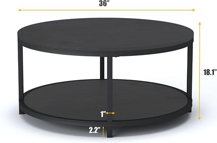 NSdirect Round Coffee Table, 36" Rustic Wooden Surface Top & Sturdy Metal Legs Industrial Sofa Table for Living Room Modern Design Home Furniture with Storage Open Shelf (Black Oak)