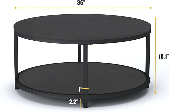 NSdirect Round Coffee Table, 36" Rustic Wooden Surface Top & Sturdy Metal Legs Industrial Sofa Table for Living Room Modern Design Home Furniture with Storage Open Shelf (Black Oak)