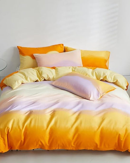 CLOTHKNOW Orange Yellow Queen Comforter Set 3Pcs Purple Beige Bedding Comforter Sets Abstract Queen Comforter with 2 x Pillow Cases
