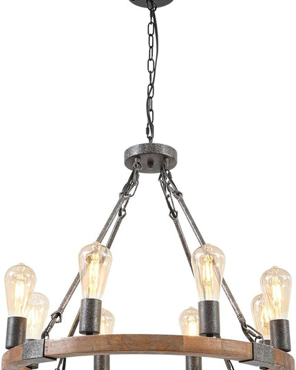 Farmhouse Wooden Wagon Wheel Chandelier 8 Lights 23.8'' Vintage Wood Round Chandelier Rustic Black Pendant Light Fixtures for Living Dining Room Kitchen Entryway Foyer