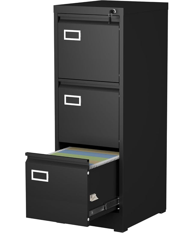 File Cabinet,3 Drawer Filing Cabinet with Lock,Metal Filing Cabinets for Home Office,School,Vertical File Cabinets for Letter/Legal/A4/F4 Size,Assembly Require,Black