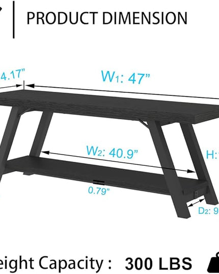 LVB Black Bench, Modern Storage Bench for Bedroom, Wood Metal Entryway Bench for Hallway Dining Living Room, Famrhouse Shoe Rack Indoor Accent Seating Benchs for Foyer Entrance, Black Oak 47 Inch Long