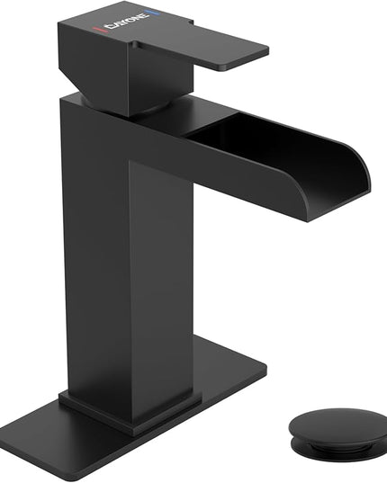 DAYONE Matte Black Single Handle Bathroom Sink Faucet, 1 Hole Bathroom Faucets with Pop Up Drain Stopper, Single Hole Mixer Tap Optional Deckplate Stainless Steel