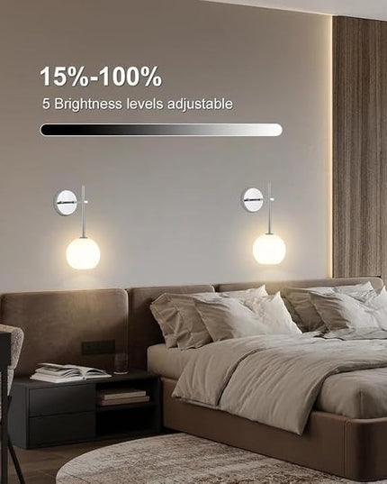 Chrome Battery Operated Wall Sconces Set of 2, Rechargeable Wireless Wall Lights with Milky White Frosted Glass Shade, 12 RGB and 3CCT Dimmable, Wall Lamps with Remote for Bedroom Living Room Hallway