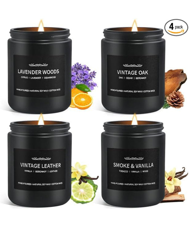 Scented Candle Set, Men Candle Set, Scented Candles for Home, Gifts for Men, 4 Pack Manly Candles Gifts for Mens Scents of Smoke Vanilla/Leather/Oak/Lavender Wood