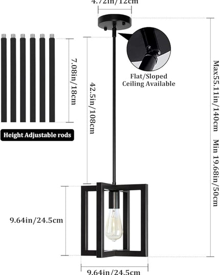 Modern Pendant Lighting for Kitchen Island 1-Light Farmhouse Black Light Fixtures Hanging Adjustable Small Square Chandeliers Ceiling for Dining Room Entryway Hallway