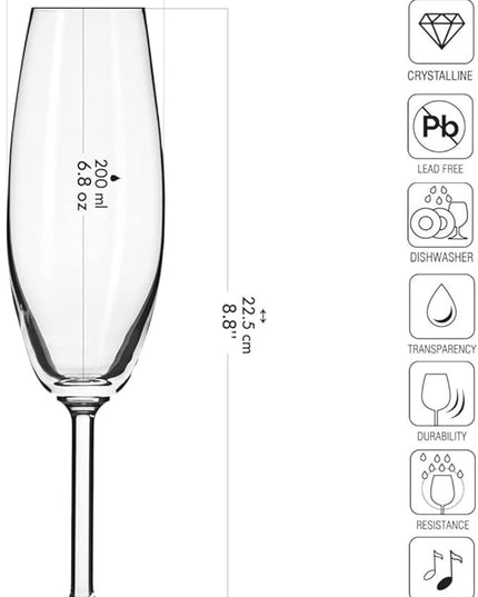 Krosno Crystal Champagne Flutes, Set of 6, 6.8 oz, Venezia Collection, Lead-Free Glass, Flutes for Prosecco, Sparkling Wine, Champagne and Mimosas, Dishwasher Safe, Made in Europe