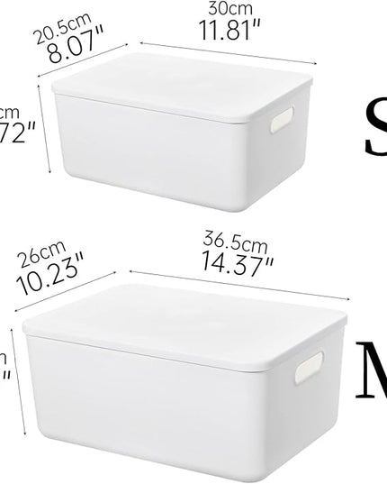 Plastic Storage Baskets Bins Boxes With Lids,Organizing Container White Storage Organizer Bins For Shelves Drawers Desktop Playroom Classroom Office,3-Pack(M+2S)