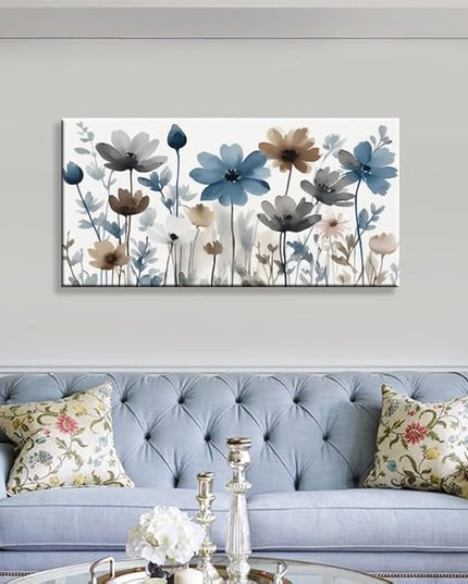KZKU Flowers Canvas Wall Art - Floral Pictures for Wall Decor Indigo Brown Grey Canvas Prints Nature Printing Artwork for Living Room Bedroom Home Office Wall Decoration 24" x 48"