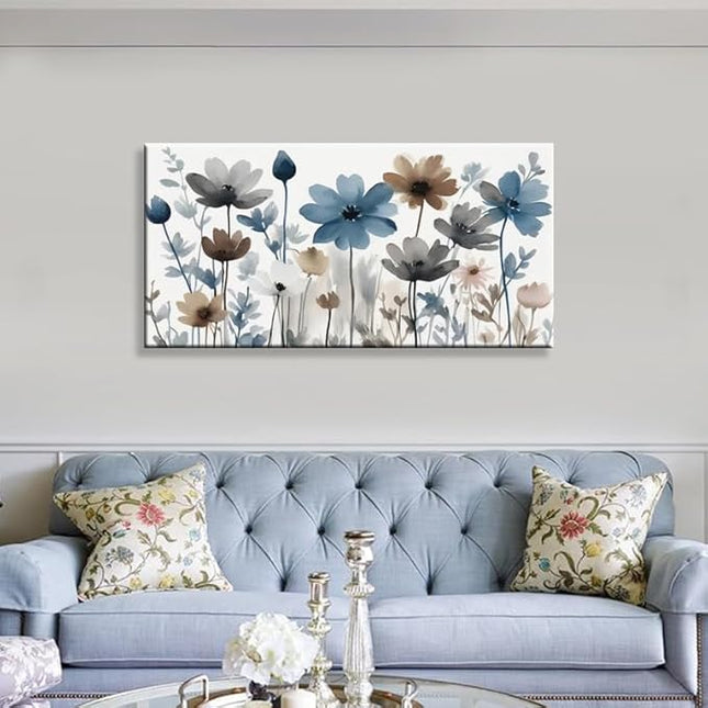 KZKU Flowers Canvas Wall Art - Floral Pictures for Wall Decor Indigo Brown Grey Canvas Prints Nature Printing Artwork for Living Room Bedroom Home Office Wall Decoration 24" x 48"