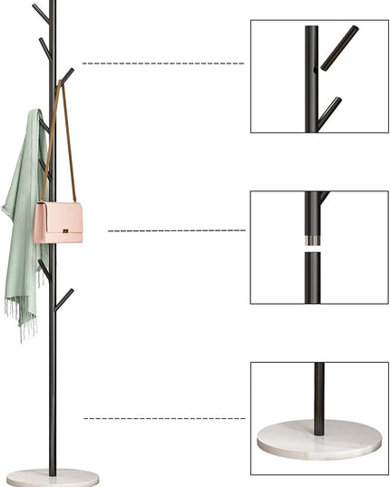 Black Metal Coat Rack, Freestanding with Hooks, Entryway Coat Rack Stand, Coat Racks with Marble Base, Coat Tree for Hanging Clothes, Hats, Bags