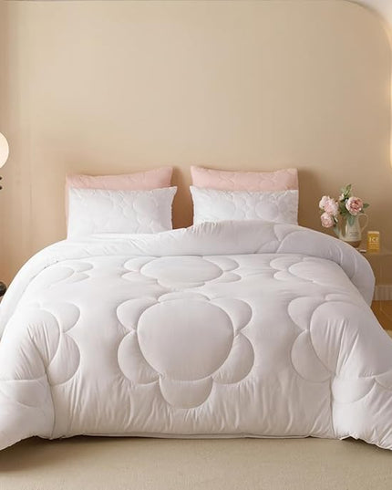 CLOTHKNOW White Comforter Set Twin/Twin XL Daisy Puff Bedding Comforter Sets Soft Boho Comforter White Comforters with 2 x Pillow Cases