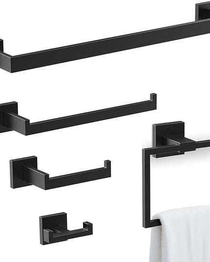BOZWELL 5 Pieces Matte Black Bathroom Hardware Accessories Set Square Towel Racks for Bathroom 23.6 inch Stainless Steel Towel Bar Set Wall Mounted Towel and TP Set