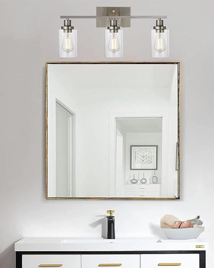 MELUCEE 3 Lights Wall Sconce Brushed Nickel Finished Modern Bathroom Vanity Light Fixtures with Clear Glass Shade Suit for Porch Bedroom Foyer Kitchen (Patent No.: US D963914 S)