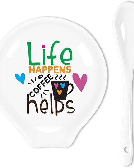 Funny Coffee Quote Colored Pattern Ceramic Coffee Spoon Holder-Coffee Spoon Rest -Coffee Station Decor Coffee Bar Accessories-Coffee Lovers Gift for Women and Men (Life Happens Coffee Helps)