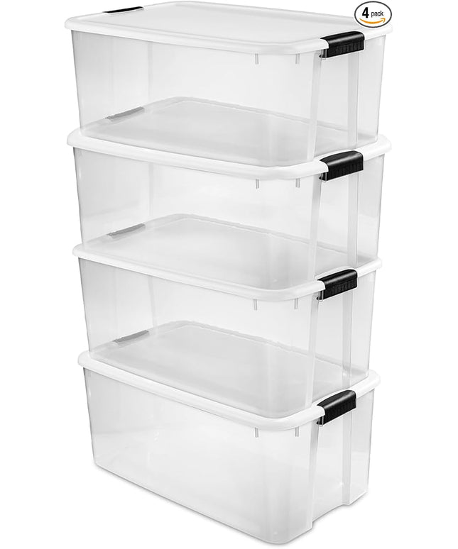 Sterilite 4-Pack Ultra Latching Box, Storage Bins with Lids, Clear Plastic, 116 Quart - Heavy-Duty Organizing Containers for Closet, Bathroom, and Office
