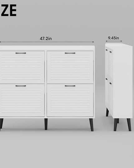 Maupvit Shoe Storage Cabinet with 4 Flip Louvered Doors, Freestanding Organizer with Metal Hinges ＆ Wooden Legs, Shoe Cabinet for Entryway, Narrow Shoe Rack Cabinet, White