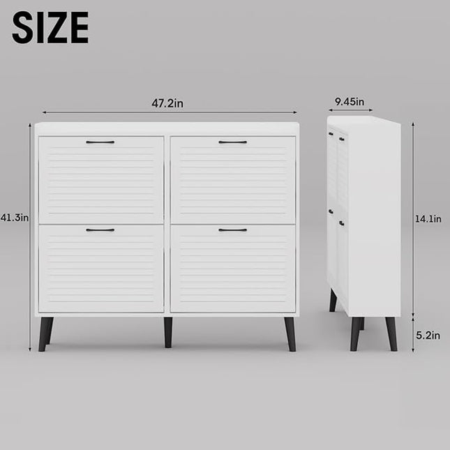 Maupvit Shoe Storage Cabinet with 4 Flip Louvered Doors, Freestanding Organizer with Metal Hinges ＆ Wooden Legs, Shoe Cabinet for Entryway, Narrow Shoe Rack Cabinet, White